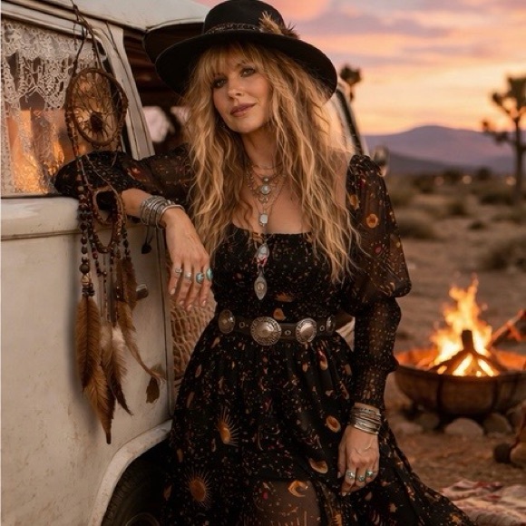 Farm Rio Boho Celestial Print Dress M | Smocked Midi Puff Sleeve Festival Luxe - Picture 2 of 16